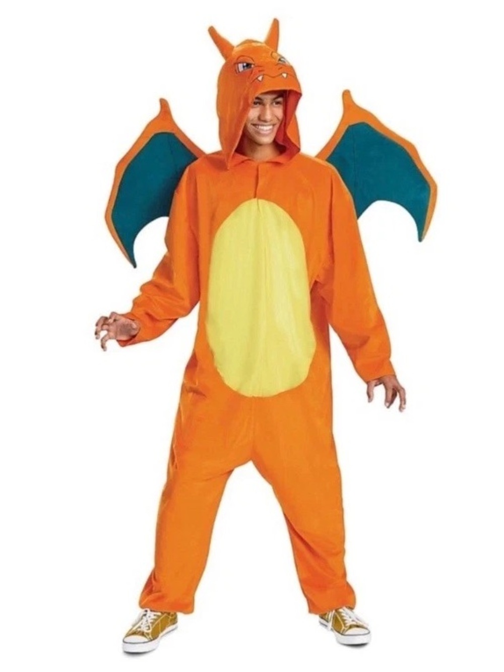 Pokémon Charizard Adult XL Hooded Jumpsuit One Piece Costume w/ Wings, Orange
